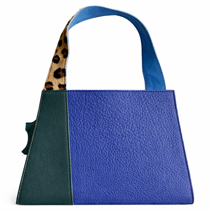 Geantă de mână Soruka albastră cu animal print și mâner superior, purtată elegant. [3]