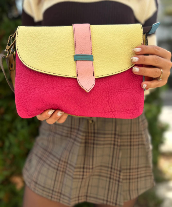 Geantă Soruka fucsia & galben pastel din piele reciclată – unicat handmade | Origin & Natural [3]