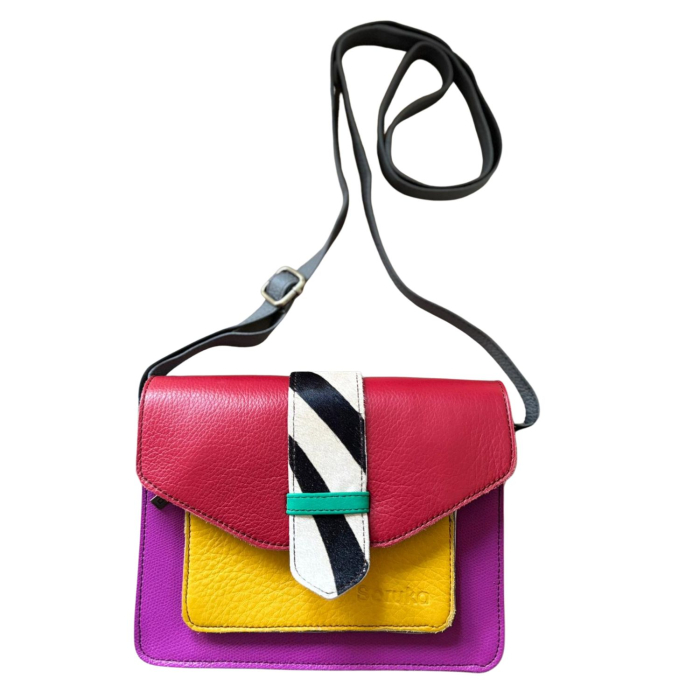 Geantă Soruka din piele reciclată – rosu, galben  & roz fucsia, unicat handmade | Origin & Natural [2]