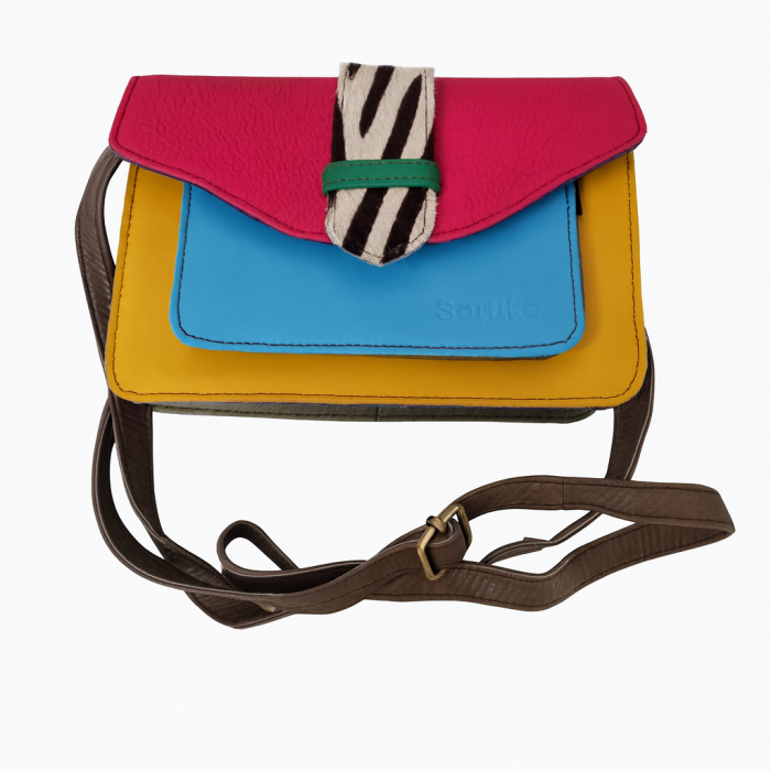 Geantă Soruka colorată din piele reciclată – roșu, roz & albastru, unicat handmade | Origin & Natural [5]