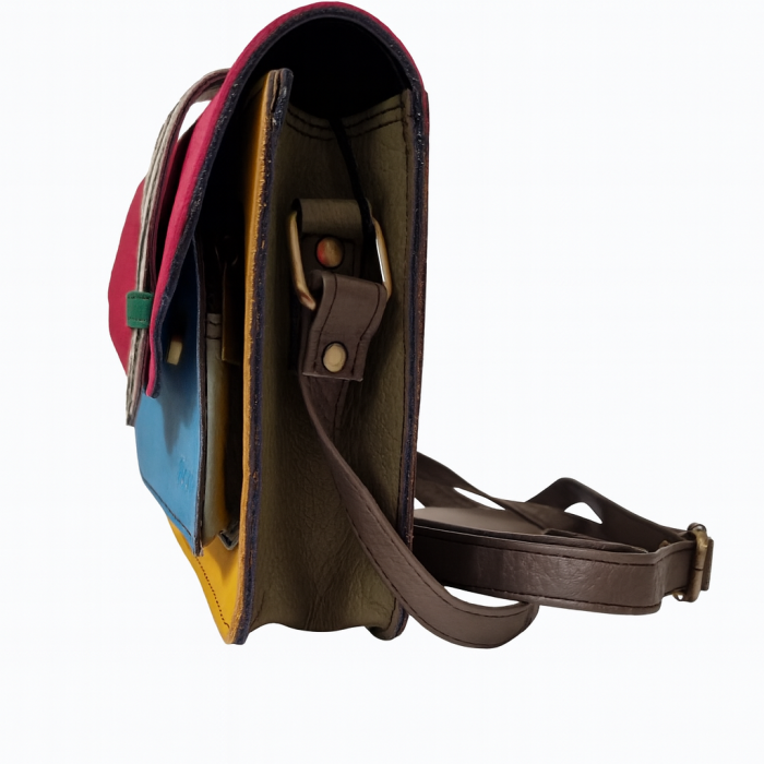 Geantă Soruka colorată din piele reciclată – roșu, roz & albastru, unicat handmade | Origin & Natural [3]