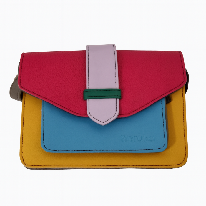 Geantă Soruka colorată din piele reciclată – roșu, roz & albastru, unicat handmade | Origin & Natural [2]