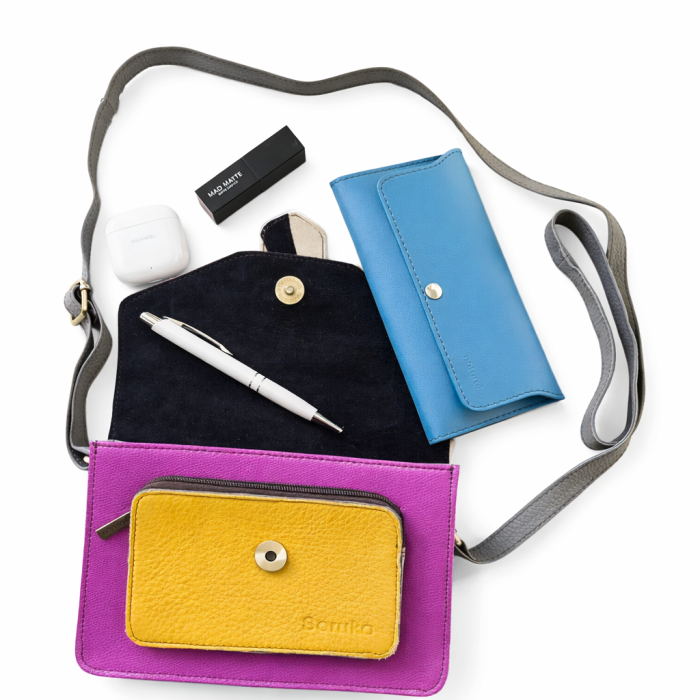 Geantă Soruka din piele reciclată – rosu, galben  & roz fucsia, unicat handmade | Origin & Natural [3]