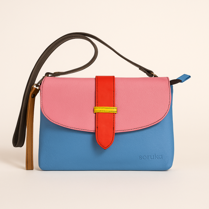Geantă Soruka roz & albastru din piele reciclată – unicat handmade | Origin & Natural [1]