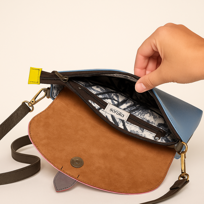 Geantă Soruka roz & albastru din piele reciclată – unicat handmade | Origin & Natural [4]