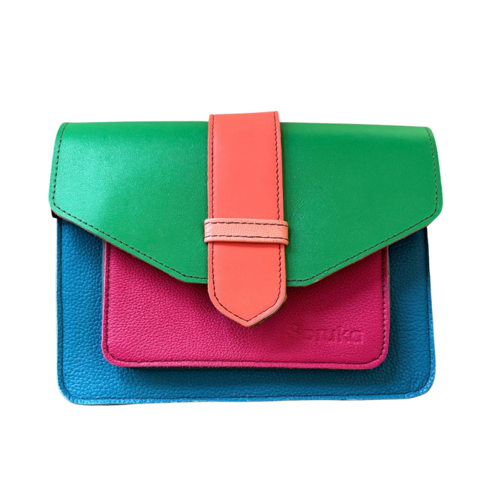 Geantă Soruka colorată din piele reciclată – verde, roz & albastru, unicat handmade | Origin & Natural [2]