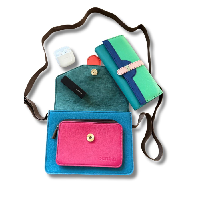 Geantă Soruka colorată din piele reciclată – verde, roz & albastru, unicat handmade | Origin & Natural [3]