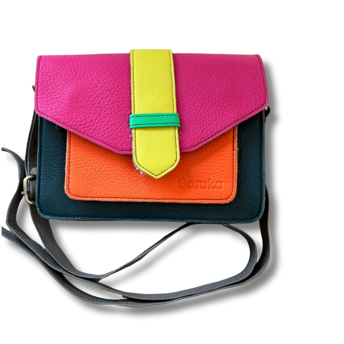 Geantă Soruka colorată din piele reciclată – verde, roz & portocaliu, unicat handmade | Origin & Natural [2]