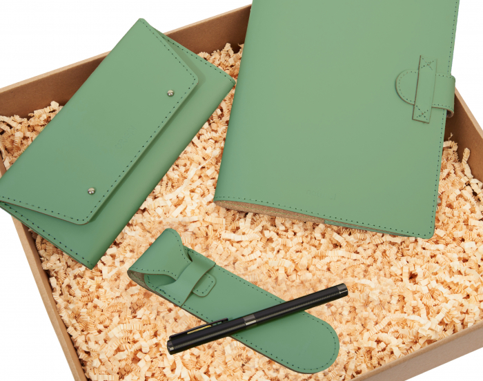 Set cu agenda, pix si portofel, verde, piele naturala reciclata [3]