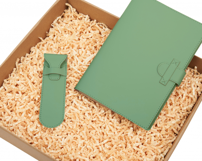 Set cu agenda si pix, verde, piele naturala reciclata [3]