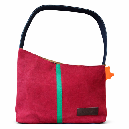 Luna Iubirii - Geantă Soruka reversibilă roșu și maro, cu mâner negru și detalii contrastante