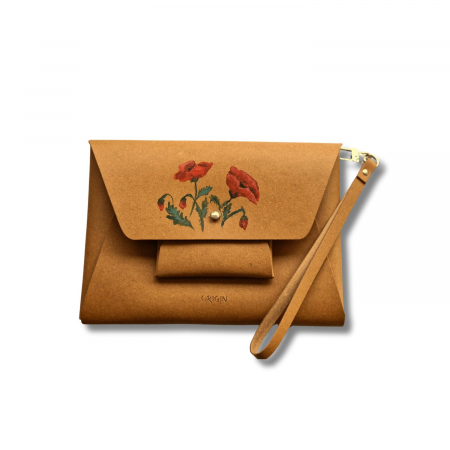 Plicuri - Geanta din piele naturala reciclata, maro nature, pictata manual