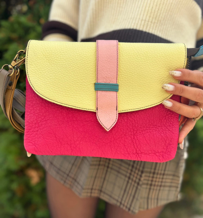 Geantă Soruka fucsia & galben pastel din piele reciclată – unicat handmade | Origin & Natural [1]