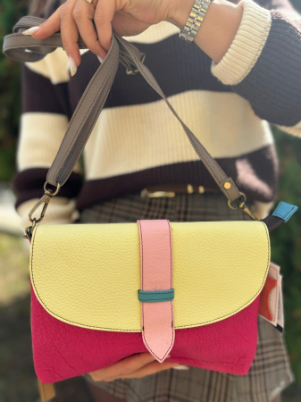 Geantă Soruka fucsia & galben pastel din piele reciclată – unicat handmade | Origin & Natural [3]