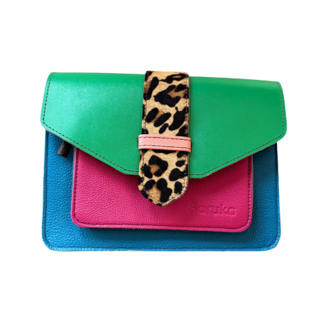 Crossbody - Geantă Soruka colorată din piele reciclată – verde, roz & albastru, unicat handmade | Origin & Natural
