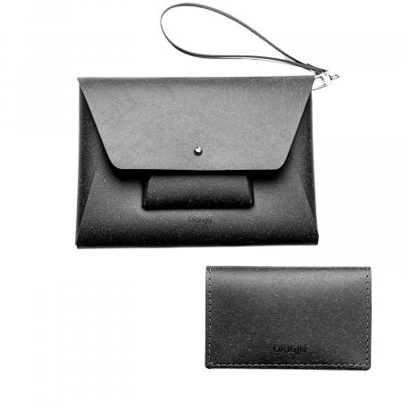 Plicuri - Pachet geanta  + port card din piele naturala reciclata, negru