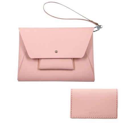 Reduceri - Pachet geanta  + port card din piele naturala reciclata, roz pudra