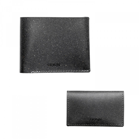 Reduceri - Pachet portofel orizontal, barbatesc + port card din piele naturala reciclata, negru