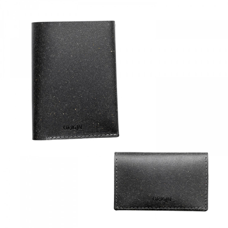 Reduceri - Pachet portofel vertical barbatesc + port card din piele naturala reciclata, negru