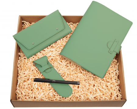 Cadouri Business - Set cu agenda, pix si portofel, verde, piele naturala reciclata