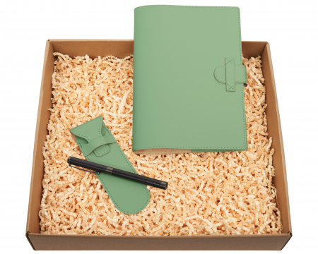 Cadouri Unicat - Set cu agenda si pix, verde, piele naturala reciclata