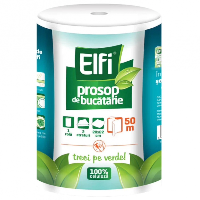 Rola Prosop hartie 50 m, 2 straturi, 227 foi, 100% Celuloza, Culoare Alba, Hartie Portionata si Gofrata ELFI [1]