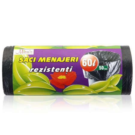 Saci menajeri - Saci menajeri rezistenti 60 litri 50 buc/rola, negri HDPE