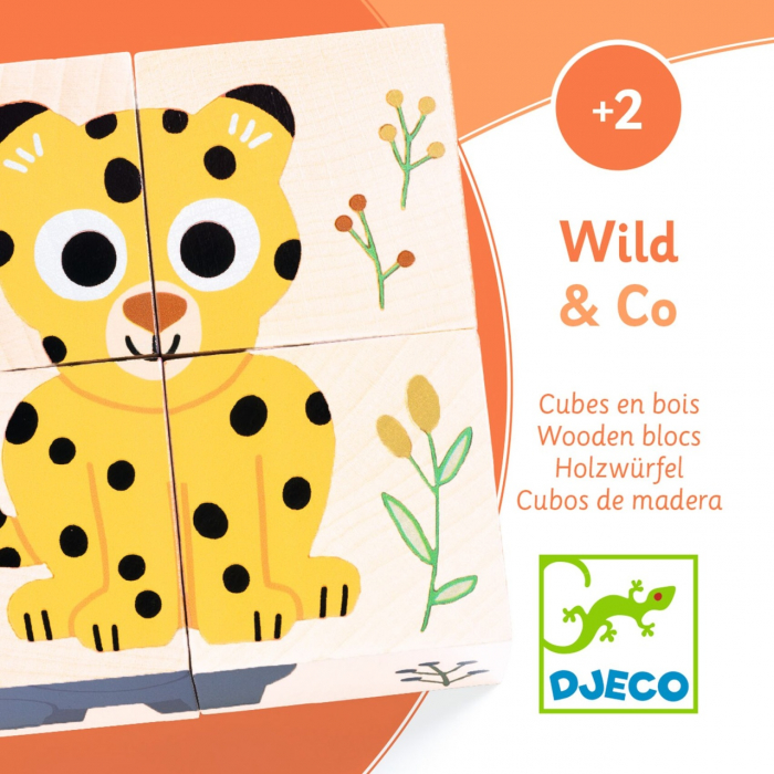 Puzzle din cuburi de lemn Animale salbatice, Djeco [4]