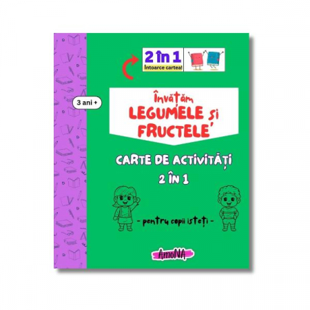 Jocuri și Jucării pentru călătorii - Carte de activități 2 în 1 - Învățăm Legume și Fructe, 3+ ani