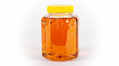 Lucru cu Mierea - Borcan hexagonal din plastic de 1 kg cu model