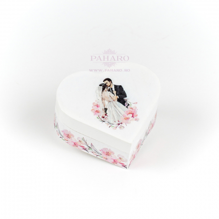 ACCESORII NUNTĂ - Cutie Verighete Inimă FLORAL - 201A - Roz