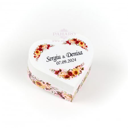 ACCESORII NUNTĂ - Cutie Verighete Inimă  FLORAL - 5X7B - Rosu Galben