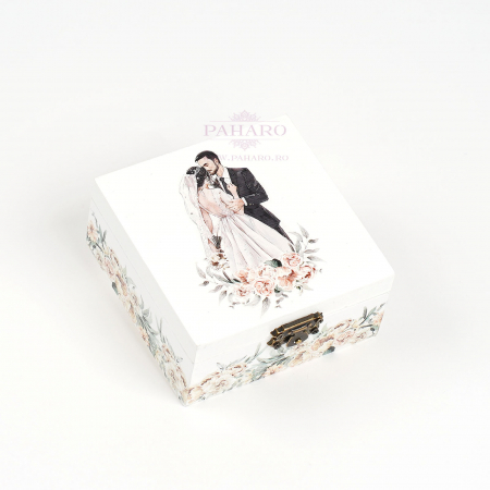 ACCESORII NUNTĂ - Cutie Verighete Pătrată  FLORAL - 601A - Crem