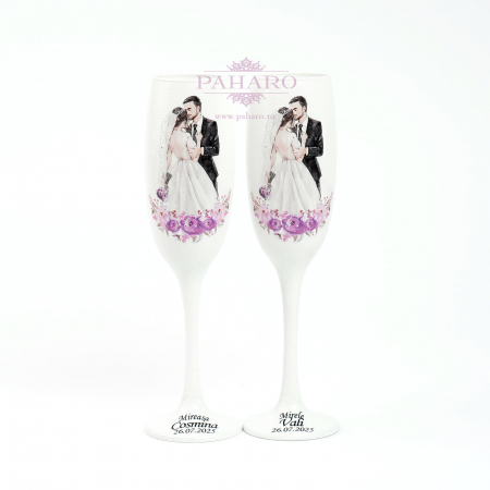 SET MIRE MIREASA - Pahare pentru miri FLORAL - PM 101A - Mov