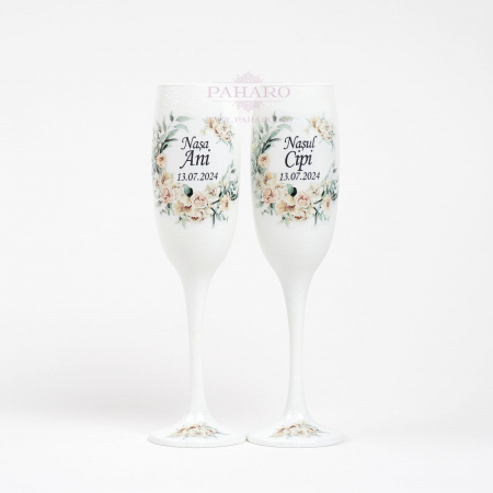 PAHARE NUNTA - Pahare pentru nași FLORAL - PN 601B - Crem
