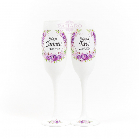 PAHARE NUNTA - Pahare pentru nași FLORAL - PN 101B - Mov