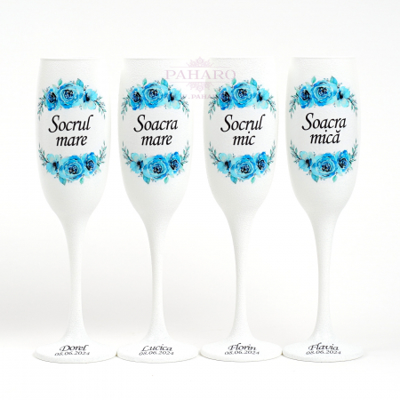 PAHARE NUNTA - Pahare pentru socrii FLORAL - PS 301C - Albastru