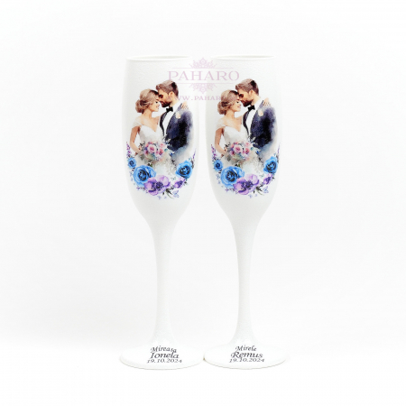 SET MIRE MIREASA - Pahare pentru miri FLORAL - PM 3X1B - Albastru & Mov