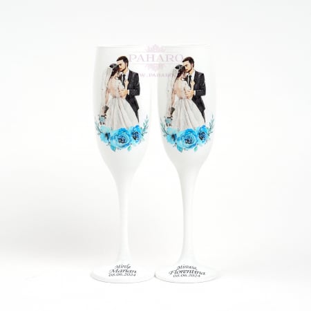 SET MIRE MIREASA - Pahare pentru miri FLORAL - PM 301A - Albastru