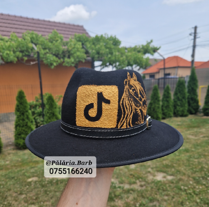 Pălărie neagră pictată cu 2 cai și logo TIK TOK [1]