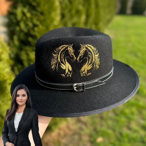 Pălării cu Cai - Pălărie neagră cu dou cai cusuti