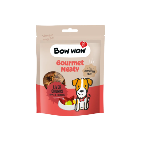 Recompense si Delicii pentru Caini - Bow Wow Recompense Gourmet Meaty Bucatele de Ficat cu Mar si Turmeric 60 Gr
