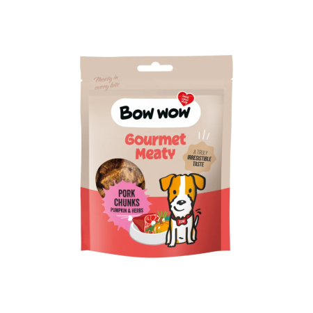 Recompense si Delicii pentru Caini - Bow Wow Recompense Gourmet Meaty Bucatele de Porc cu Dovleac si Ierburi 60 Gr