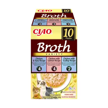 Recompense si Delicii pentru Pisici - Ciao Churu Broth Variety cu Pui si Ton, Pui si Somon, Pui si Scoici 10 Buc