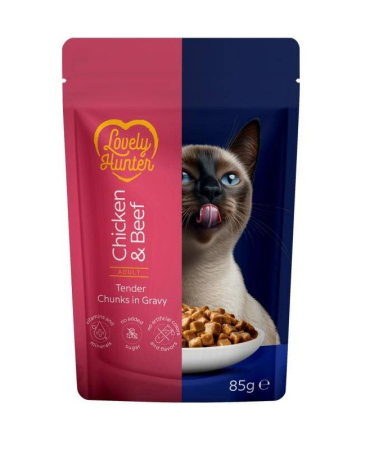 Lovely Hunter - Lovely Hunter Hrana Umeda cu Pui si Vita pentru Pisici Adulte 85 Gr