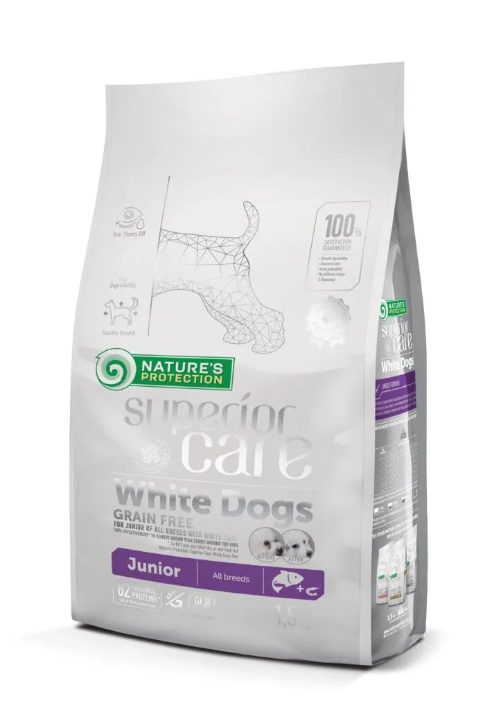 PENTRU CÂINI - Superior Care White Dogs Grain Free Junior All Breeds cu Somon