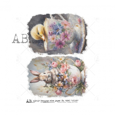 Hârtie orez A4 - hartie-de-orez-decoupage-bunny-chick-teacups-a4