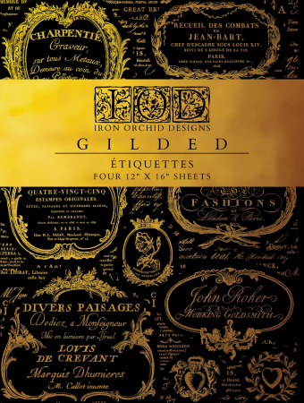 IOD Decor Transfers - Transferuri decorative - ETIQUETTES – set transfer decorativ cu folie aurie – 4 pagini A3