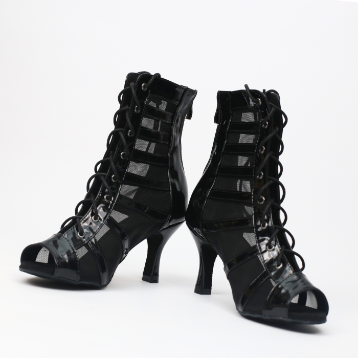 AMOR A PRIMERA VISTA - botine de dans salsa, bachata, kizomba, heels din piele lăcuită și plasă, cu șireturi [9]