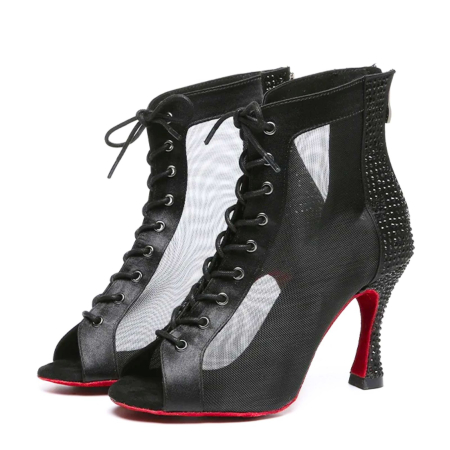 MAMACITA - botine de dans negre cu talpa roșie și strasuri negre, salsa, bachata, kizomba, heels